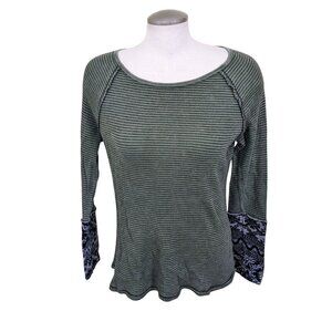 Able Womens Thermal Top Boho Chic Long Sleeve Knit Contrast Cuff XL Green Floral